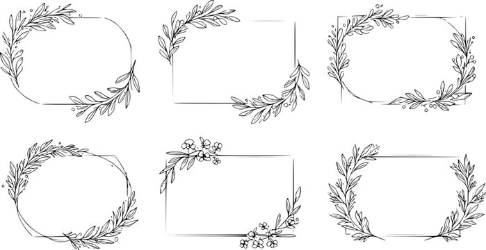 Collection of floral frames, borders and corners. Hand drawn botanical flowers elements in line art and silhouette style. Good for gift cards, invitations, menu, certificates and graphic design