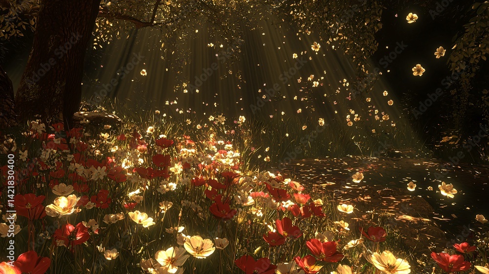 Poster enchanting field of wildflowers illuminated by gentle sunlight filtering through trees creating a ma
