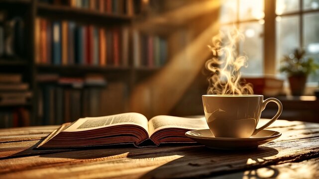 World Book Day. Steaming cup of coffee sits next to an open book on a rustic wooden table in a sunlit library, creating a cozy and inviting atmosphere for reading and relaxation