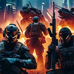 Naklejka premium Next-Gen Sci-Fi Soldier in Tactical Combat – Advanced Armor and Futuristic Weapon, AI Render