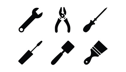 Set of Black Silhouette Tools: Wrench, Pliers, Screwdriver, Brush, Spatula Icons