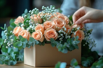 Floral Arrangement: Peach Roses and Baby's Breath in a Gift Box