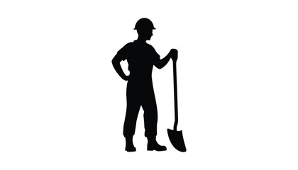 Construction Worker with Shovel Silhouette Icon, Black Vector for Labor and Site Work Illustration