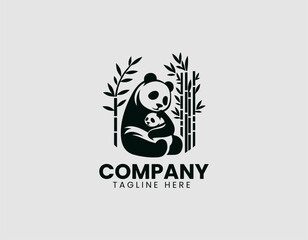 Gentle Panda Bear Hugging Cub Bamboo Vector Logo