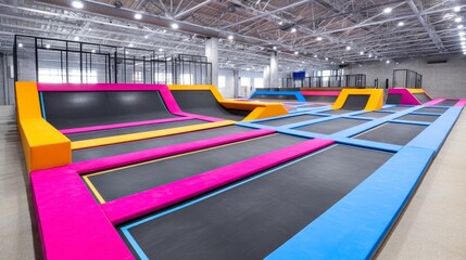 Indoor Trampoline Park Fun - Colorful indoor trampoline park with various trampolines and angled surfaces, perfect for all ages