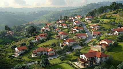 Fototapeta premium Hillside Haven: A Serene Village Nestled in Lush Greenery