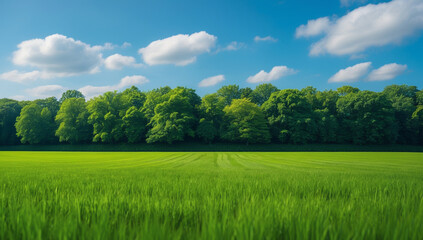 Lush green field with rows of crops extending to a line of vibrant green trees under a bright blue sky with fluffy white clouds.