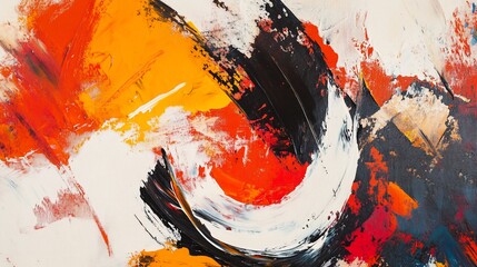 Dynamic Abstract Painting with Bold Strokes of Orange, Black and White