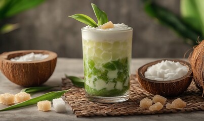 Aesthetic composition with a fresh pandan coconut drink on a neutral backdrop