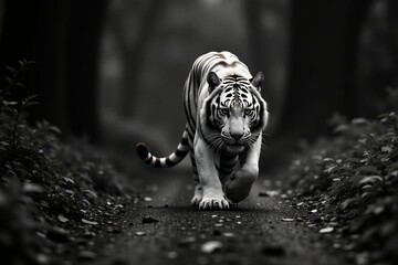 A striking black and white image of a tiger walking through a forest path.