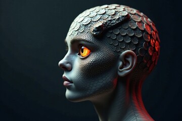 A striking portrait of a humanoid figure with reptilian features and vivid orange eyes.