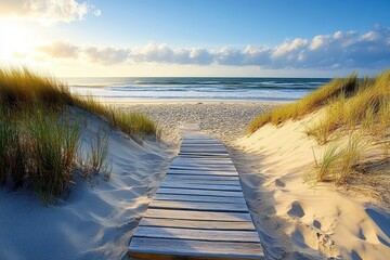 Wooden Walkway Leading to Sandy Dune Beach on Noirmoutier Island, France