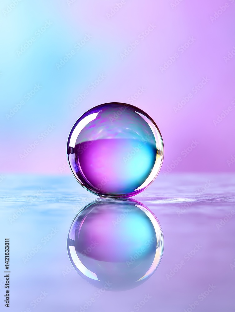 Poster iridescent orb reflection - a vibrant iridescent sphere rests on a reflective surface, creating a ca