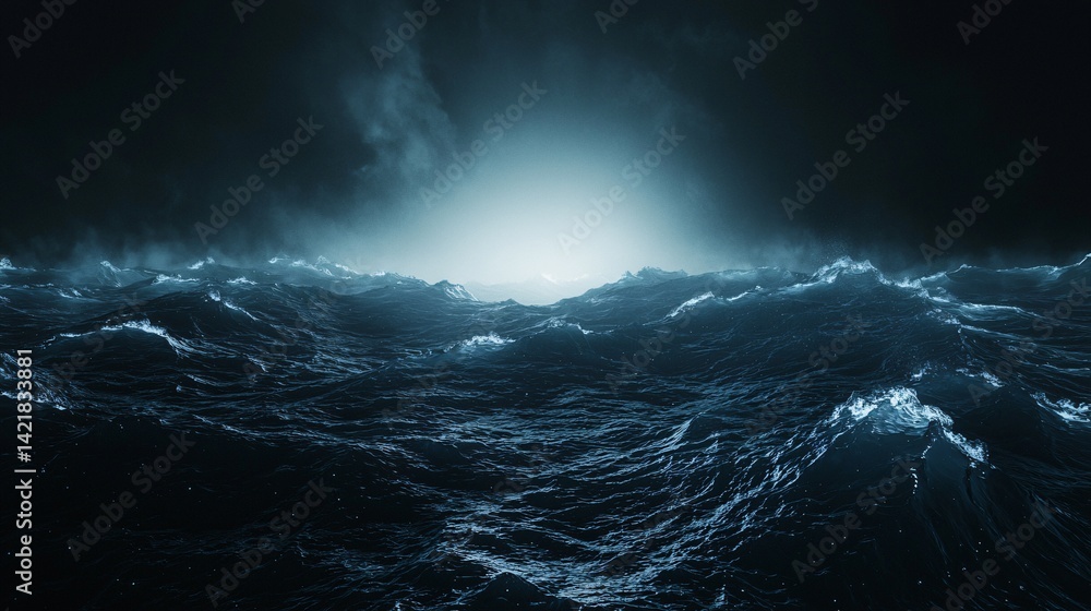 Poster dark ocean with a boat in the distance under a starry sky creating a mysterious and tranquil scene s