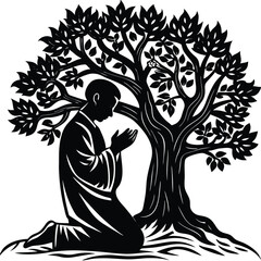 Man Praying Under Tree Silhouette Vector Illustration: Religious Faith, Spirituality, Meditation, Nature Graphic Art Design