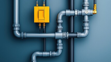 A close-up view of interconnected pipes and a yellow control valve against a blue wall, illustrating plumbing infrastructure.