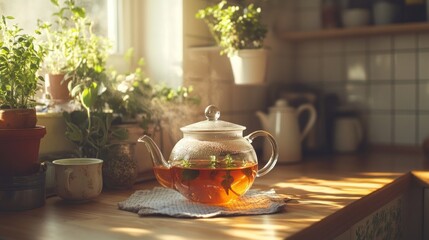 Sunlit Kitchen: Herbal Tea in Glass Teapot, Rustic Charm