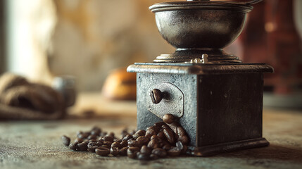 Vintage coffee grinder antique manual burr coffee mill and roasted coffee beans for cafe and home brew 99 char