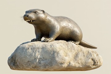 Obraz premium Bronze sculpture of a North American river otter atop a rock.
