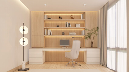 Modern minimalist working room with white desk and computer, wood slat wall and built-in wooden cabinet. 3d rendering