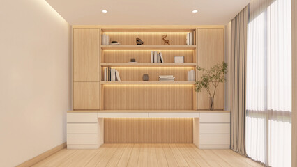 Modern minimalist working room with white desk, wood slat wall and built-in wooden cabinet. 3d rendering