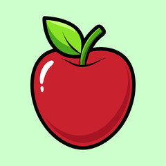 Illustration of a delicious, shiny red apple with a green leaf on light green