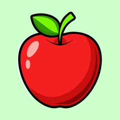 Bright cartoon apple with black outline and fresh green leaf