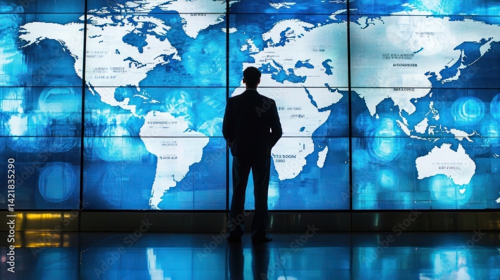 Poster a traveler standing in front of a large world clock display showing different time zones at an airpo