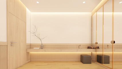 Modern japan style empty room with tv cabinet and wardrobe ,wood slat wall and white wall.3d rendering