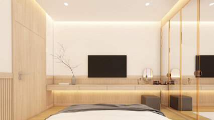 Modern japan style bedroom with tv cabinet and wardrobe ,wood slat wall and white wall.3d rendering