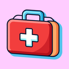 A brightly colored cartoon illustration of a retro first aid kit