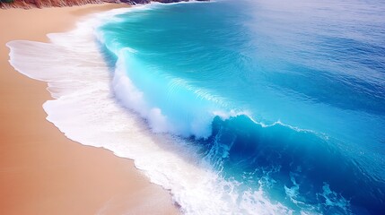 A large ocean wave cresting near a sandy beach shoreline