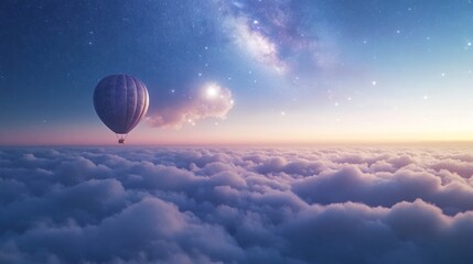 A hot air balloon floats above a sea of clouds at twilight, bathed in soft, starlit light