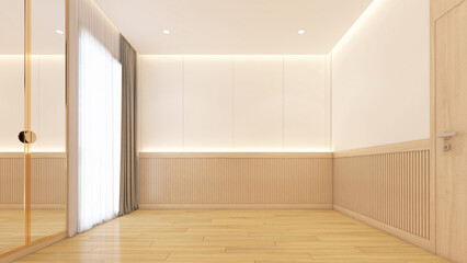 Modern japan style empty room with wood slat wall and white wall.3d rendering