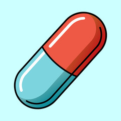 Cartoon illustration of a red and blue capsule on a light background