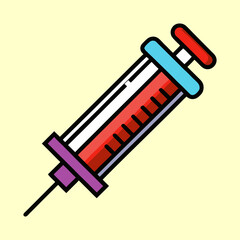 Illustration of a colorful syringe filled with red liquid on light yellow background