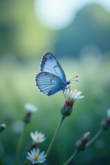 Soft blue spring scene; delicate butterfly on wild grasses, close-up , white, blue