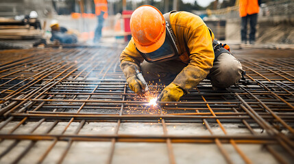 Construction Worker Welding Reinforcement Steel