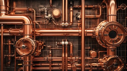 Intricate network of copper pipes and industrial machinery with steampunk aesthetic