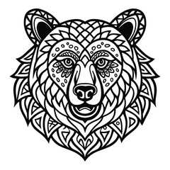 Intricate tribal bear head illustration black and white animal design decorative wild life artwork