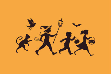 Black Silhouette Halloween Kids Running with Costumes Vector Art