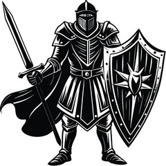 Fototapeta premium Knight in Shining Armor Vector Illustration: Medieval Warrior with Sword and Shield - Black and White Graphic Art