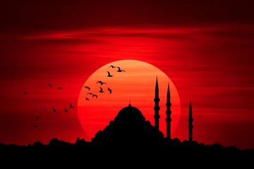 Obraz premium Majestic Mosque Silhouette at Sunset - Breathtaking sunset silhouette of a mosque, symbolizing peace, faith, spirituality, hope, and serenity