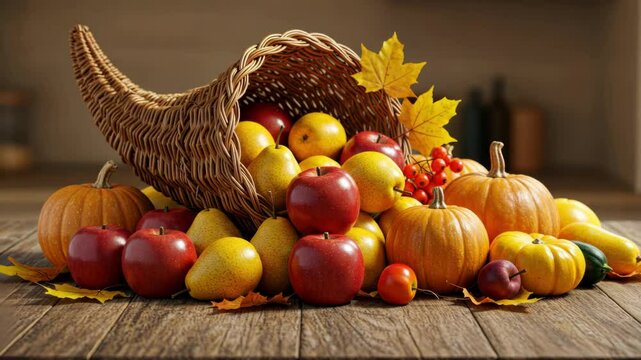 A cornucopia filled with colorful autumn fruits and pumpkins.