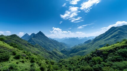 Fototapeta premium Majestic Mountain Valley Landscape - Stunning panoramic view of a lush green mountain valley under a vibrant blue sky with fluffy white clouds