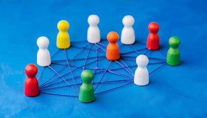 Colorful figurines representing people, connected in digital style network on blue background.