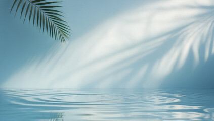 Tranquil light blue water surface with gentle ripples and the soft shadow of a palm leaf.