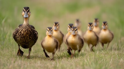 Obraz premium A mother duck leading her ducklings across a grassy field in a natural outdoor environment