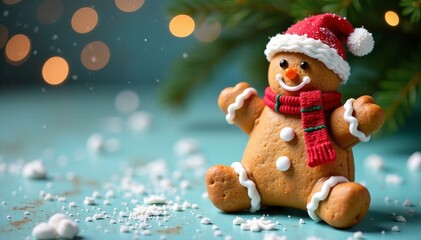Delightful gingerbread man in festive attire on a cozy winter background.