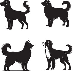 Group of Dogs Sitting on Ground – Black Silhouette Vector Set on White Background
